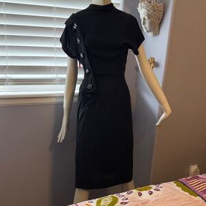 Vintage Black Short-Sleeve Sheath Dress with Decorative Buttons